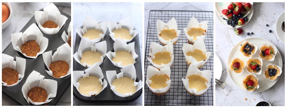 Collage of the method to make cheesecakes. From left to right, bases in tin, filling added, cheesecakes baked, cheesecakes decorated and served.