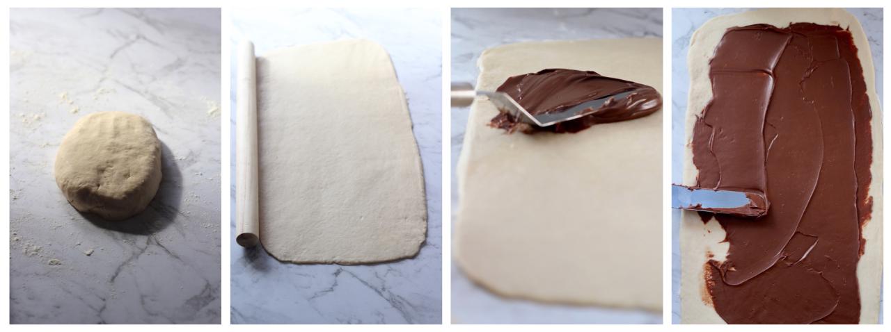 Steps 1 - 4 showing how to make Nutella Swirl Bread.