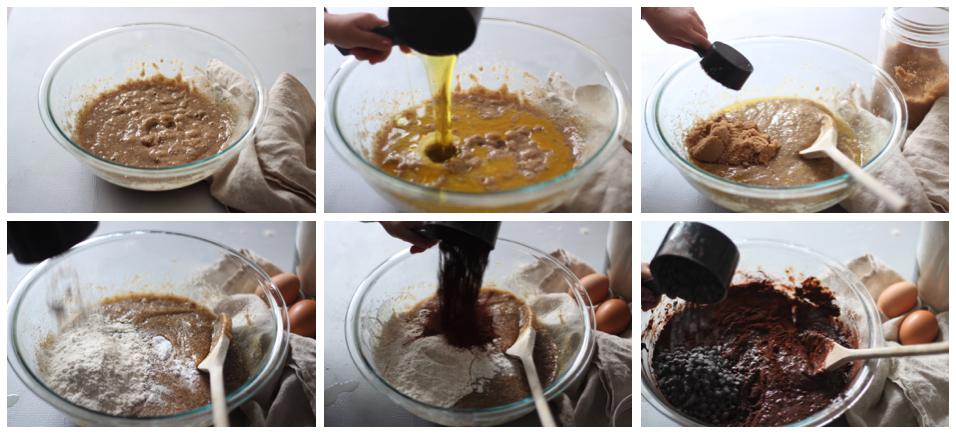 Collage Showing 6 Steps to Making Choc Banana Batter.