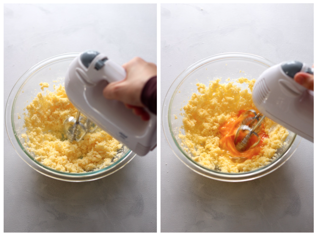 Collage of 2 images showing how to make blueberry muffins, on the left a hand mixer creaming butter and sugar. On the right, hand mixer is beating in eggs to creamed butter