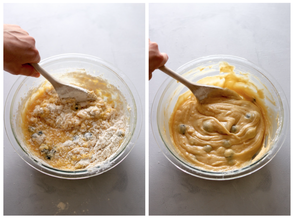 Collage of 2 images showing how to make blueberry muffins, on the left a wooden spoon folds in flour to the batter. On the right, a wooden spoon mixes in blueberries