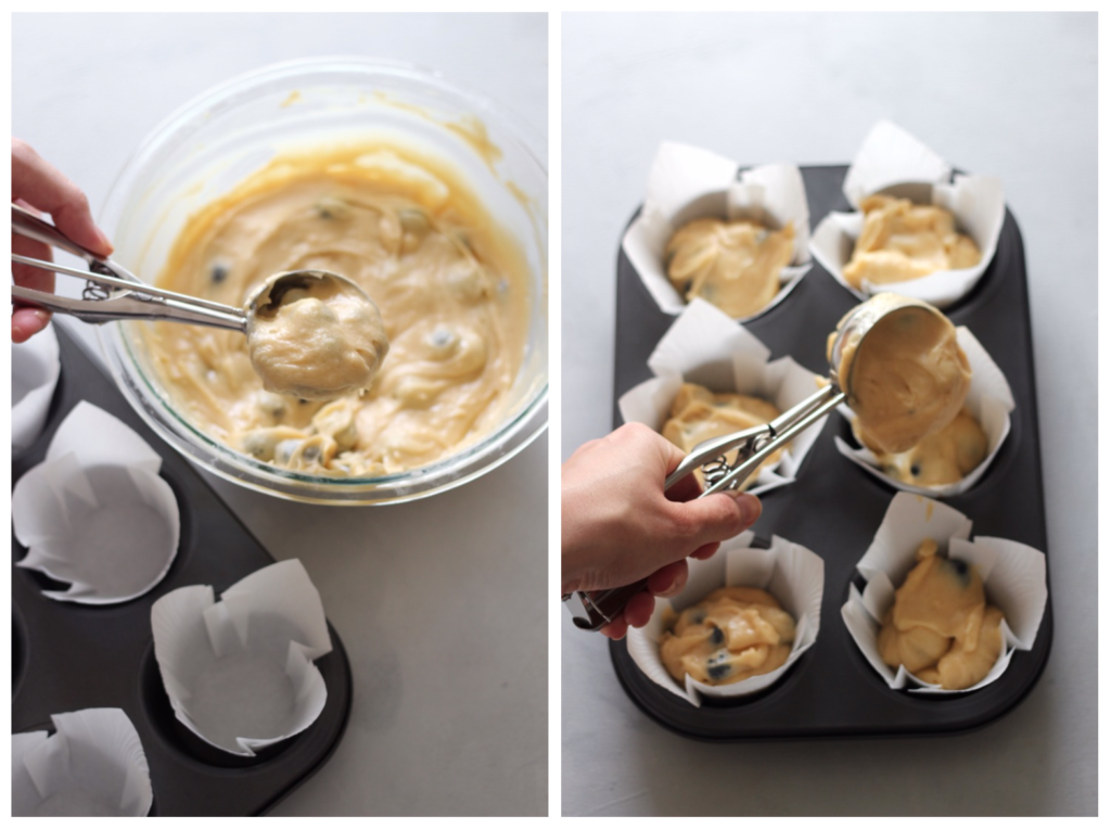 Collage of 2 images showing how to make blueberry muffins, on the left an ice cream scoop measures some batter. On the right, the batter is dropped into the muffin tin