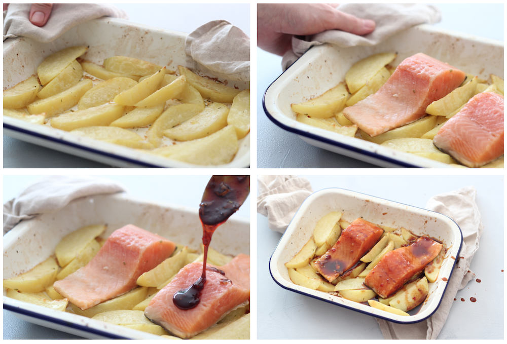 Collage of crispy wedges in baking tray (image 1), 2 salmon fillets added to wedges (image 2), asian glaze being poured on salmon (image 3), read to bake (image 4)