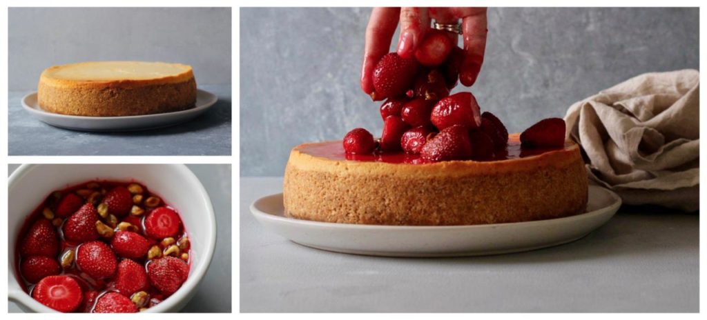 Collage Showing Cheesecake and Syrupy Strawberry Topping